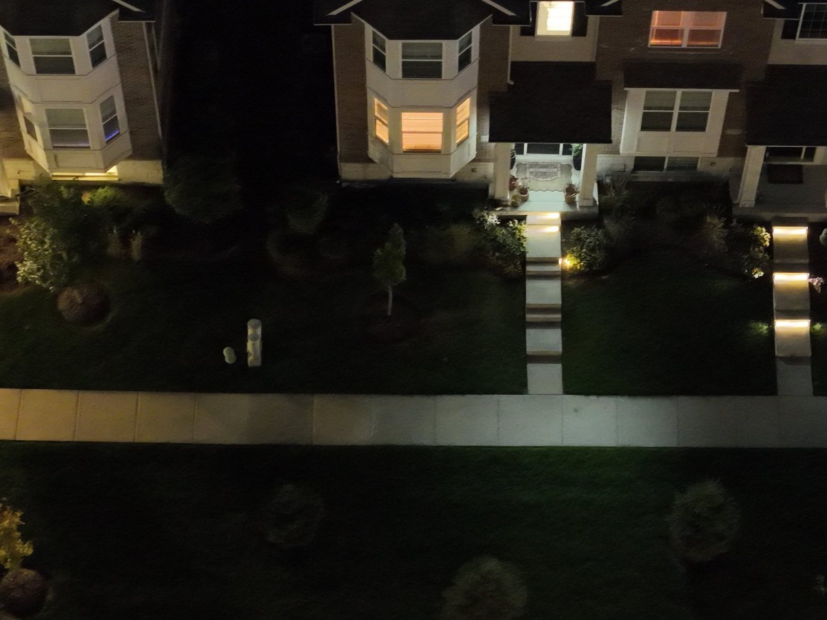 Regular drone photo at night of front yards on a residential street. It is hard to see anything in the dark grass and shadows.